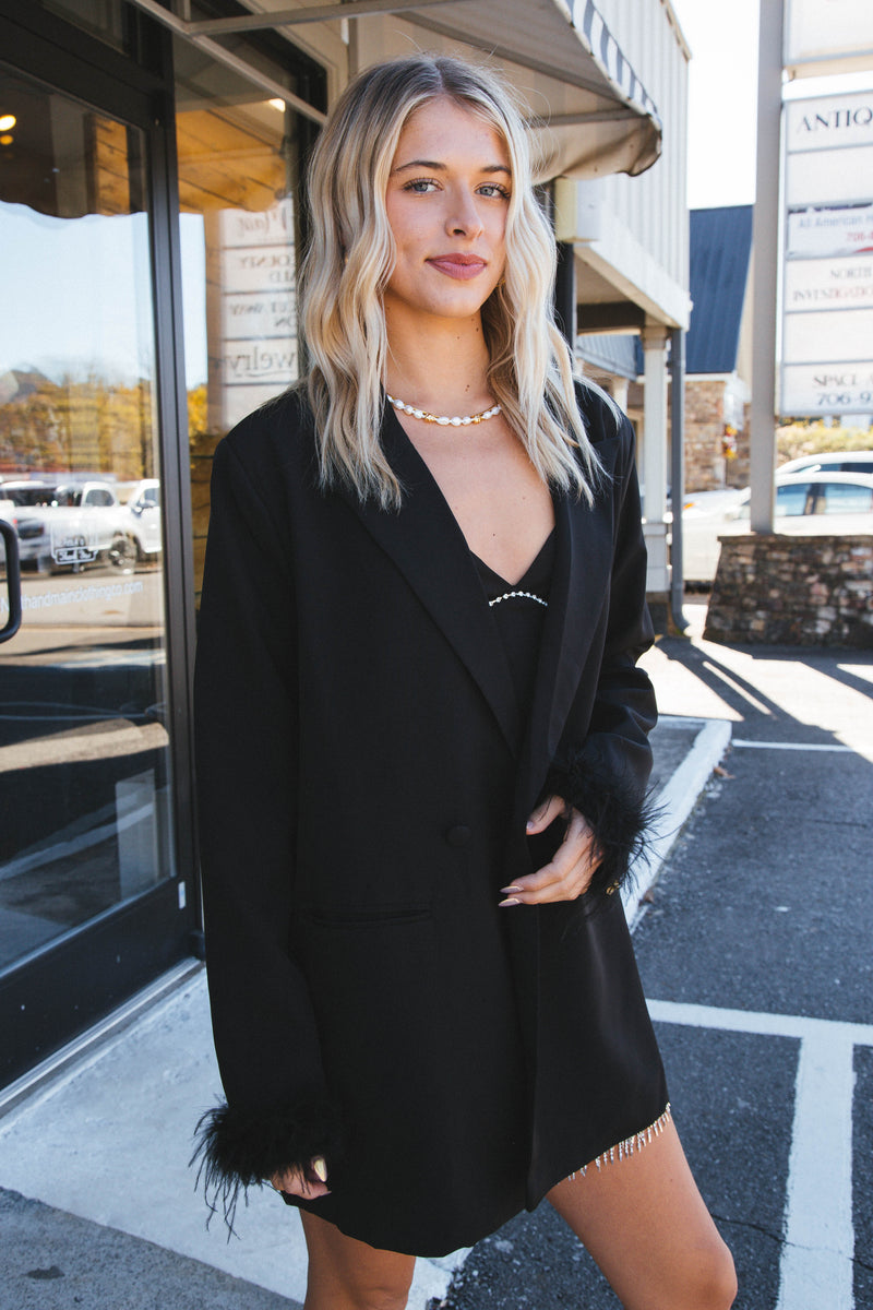Audrey Feather Oversized Blazer, Black