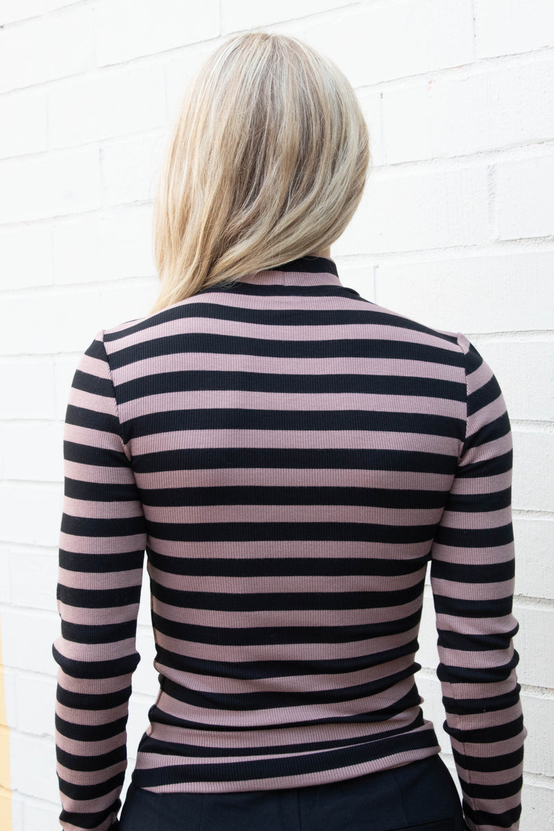 Mock Neck Essential Top, Mocha/Black Stripe | Sanctuary