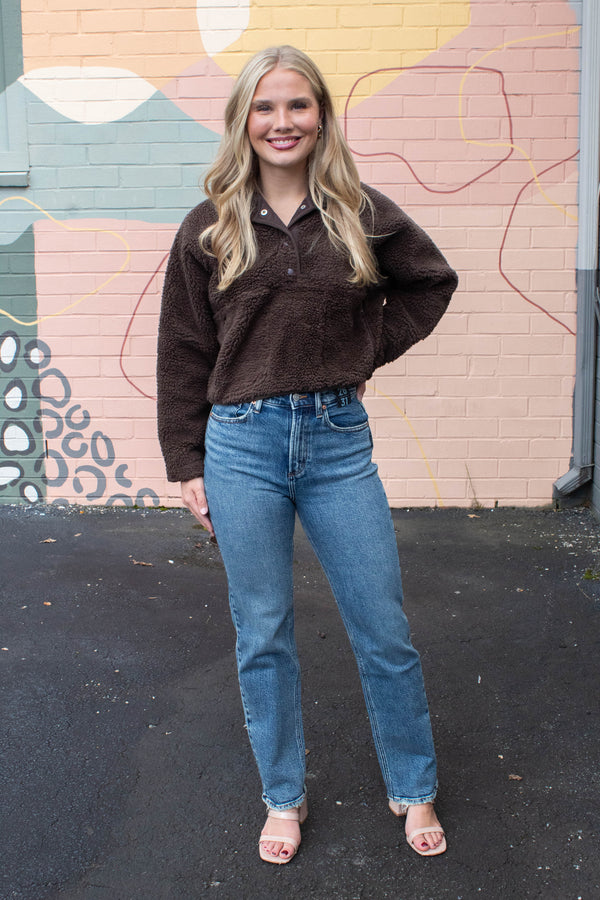 Aria Sherpa Button Neck Jacket, Brown