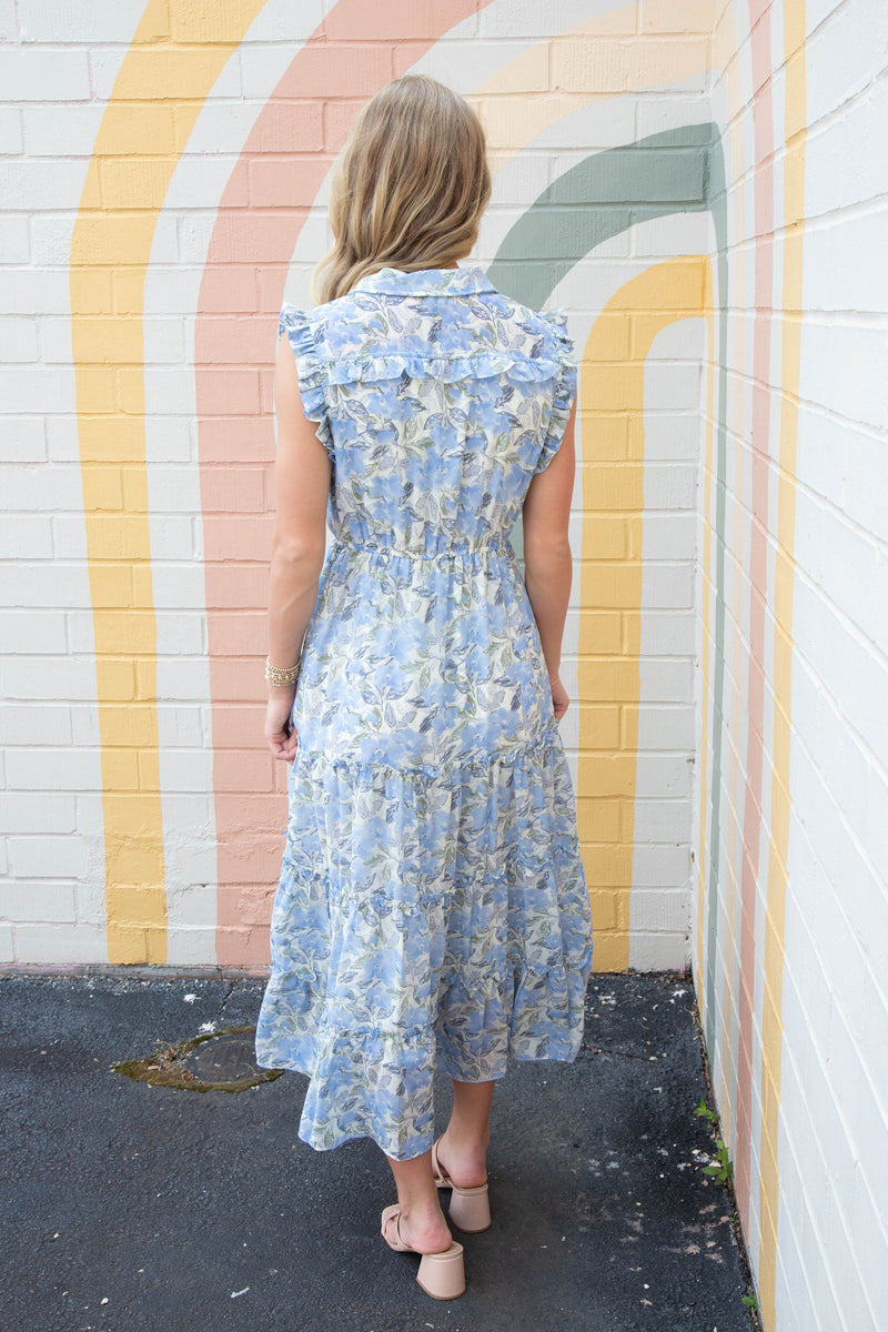 Novah Floral Print Collared Midi Dress, Blue