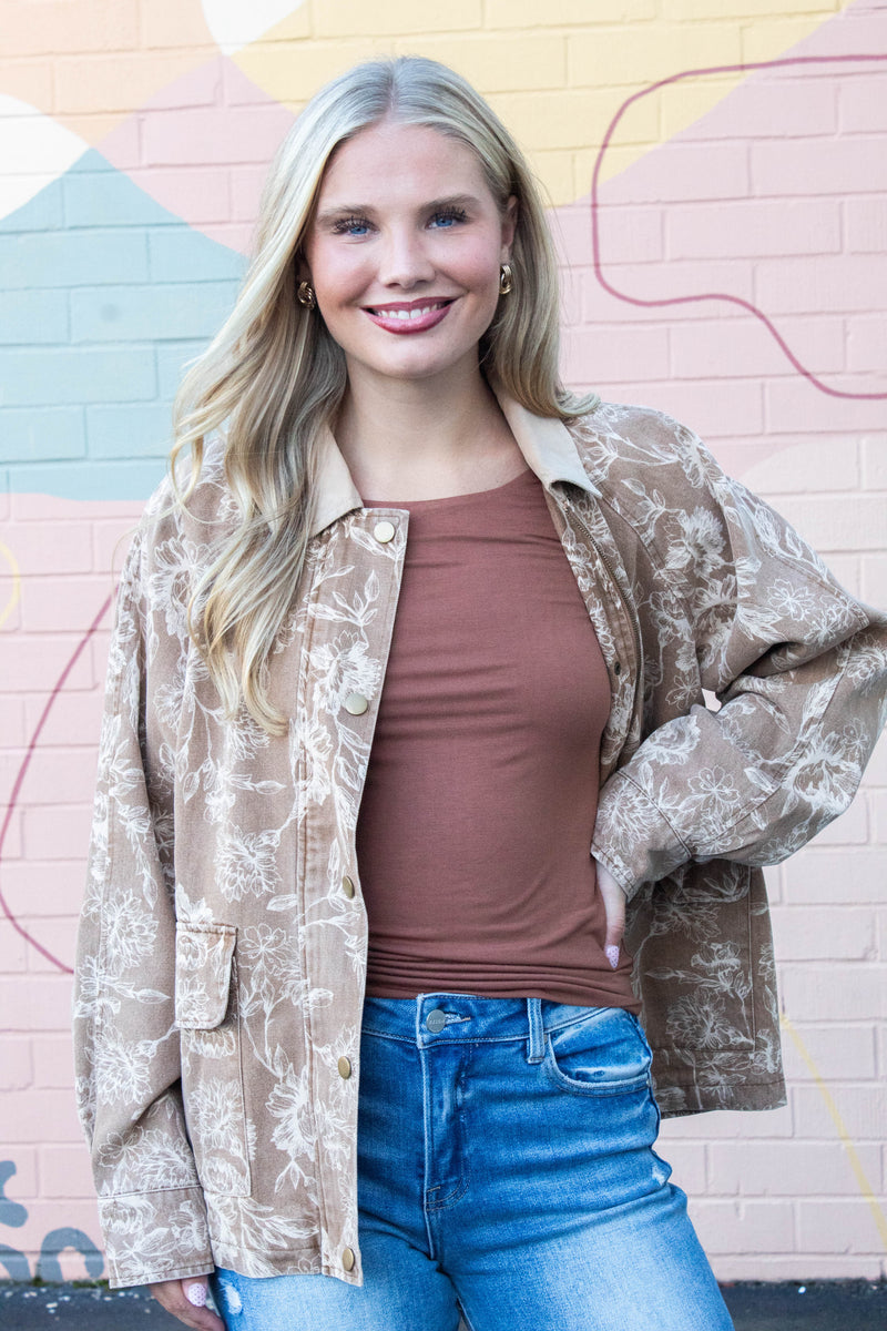 Angelica Corduroy Collared Floral Jacket, Light Brown