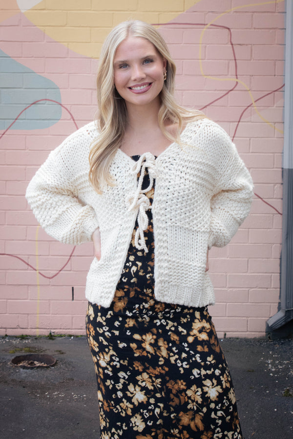 Iggy Chunky Tie Front Cardigan, Ivory | Sadie & Sage