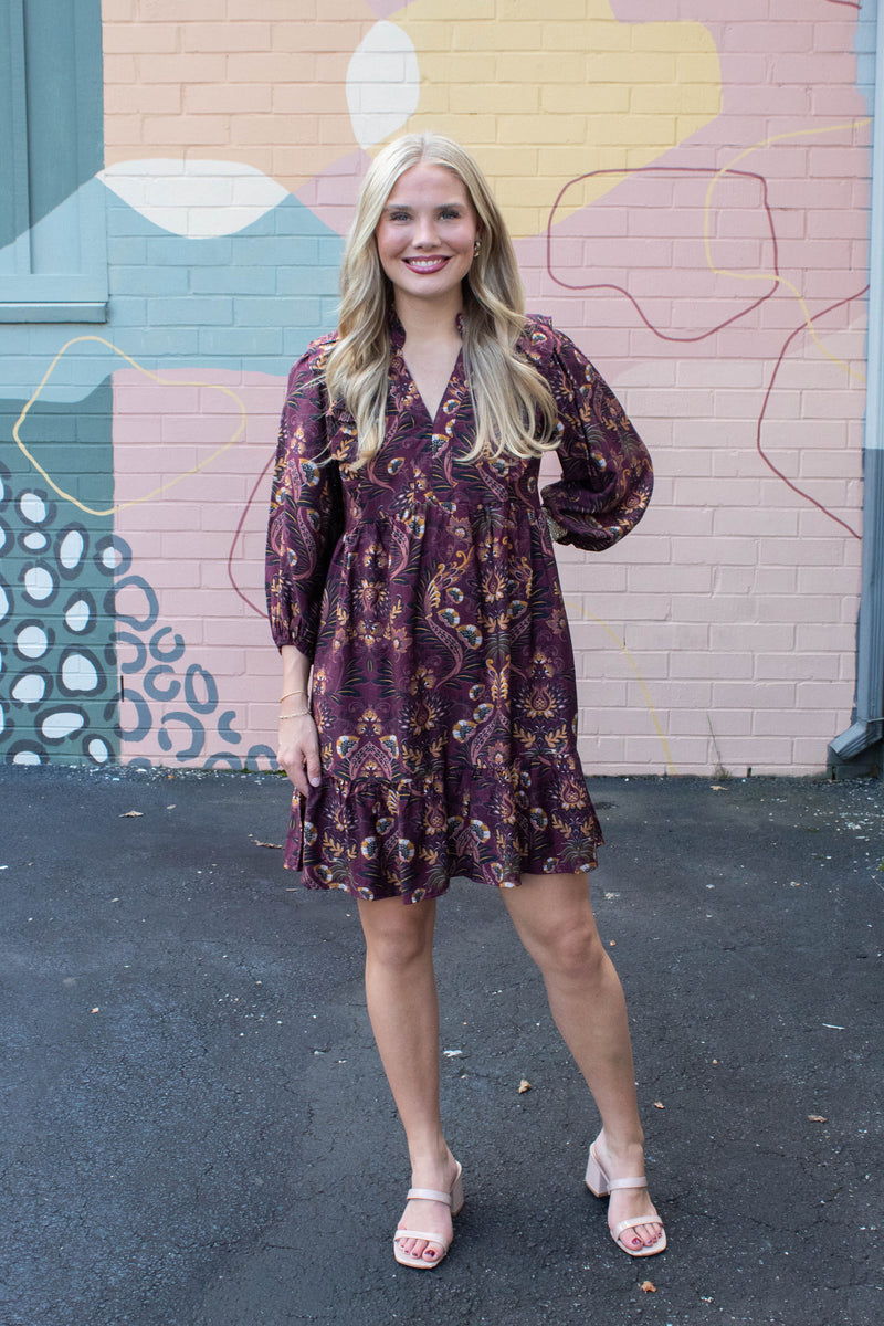 Kylie Printed Ruffle Detailed Dress, Wine Mix