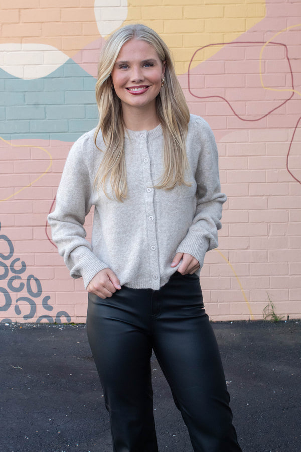 Parker Puff Sleeve Cardigan, Taupe