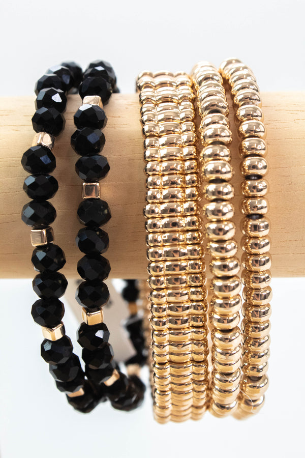 Kelsey Beaded Bracelets, Black/Gold