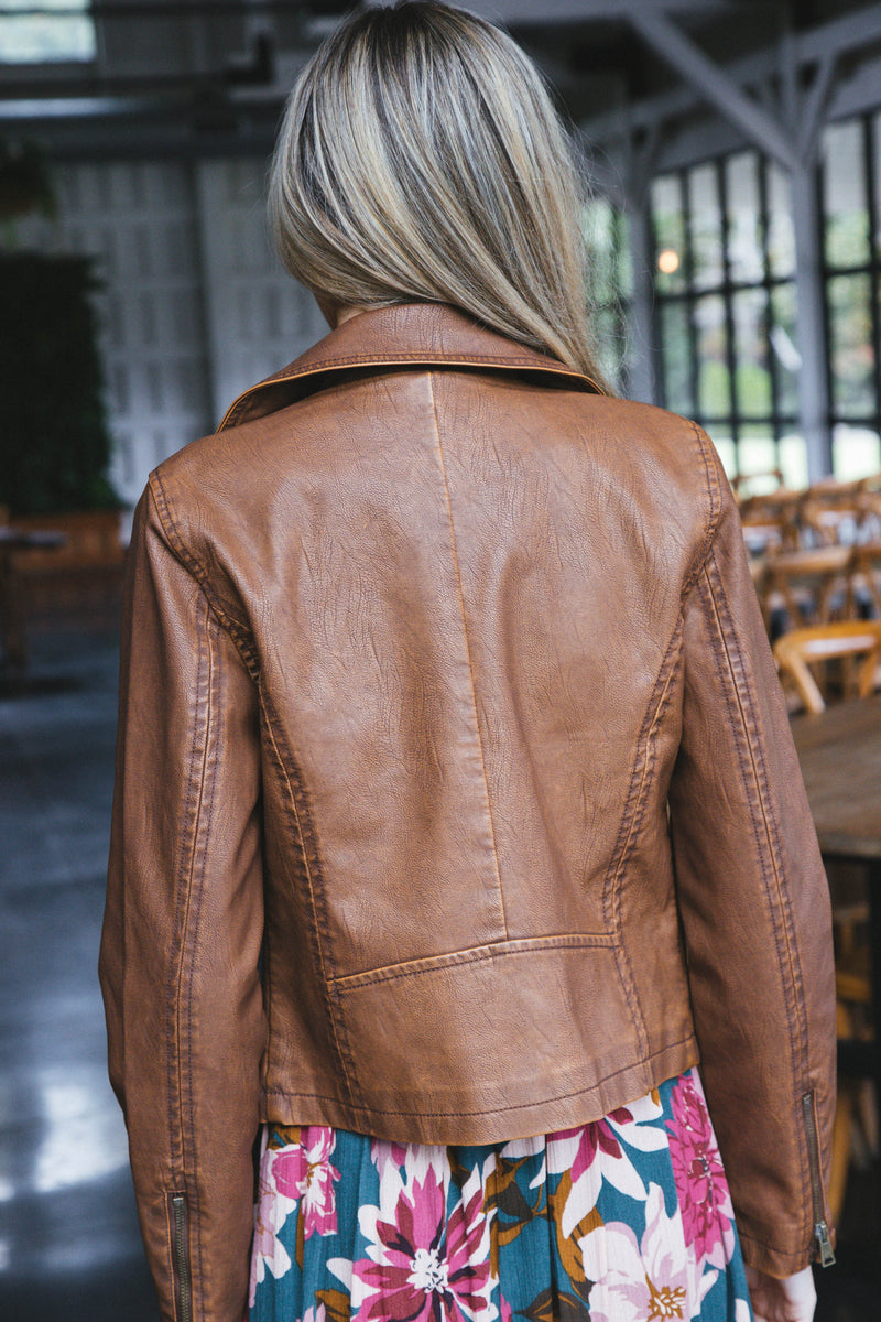 Peyton Faux Leather Moto Jacket, Brown