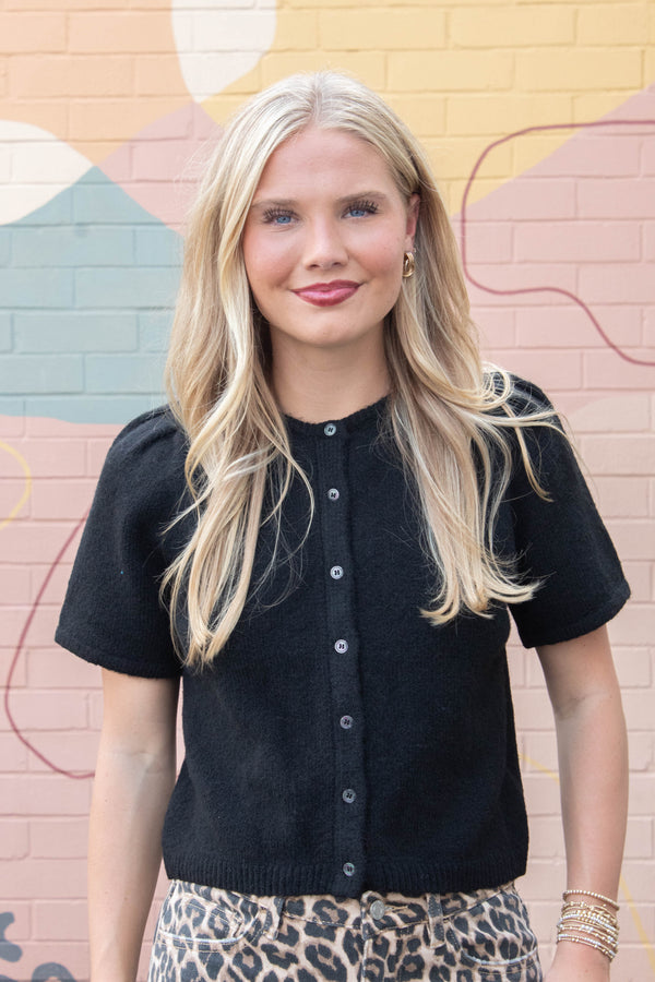 Natalia Puff Short Sleeve Cardigan, Black