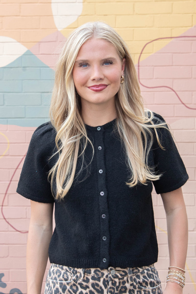 Natalia Puff Short Sleeve Cardigan, Black