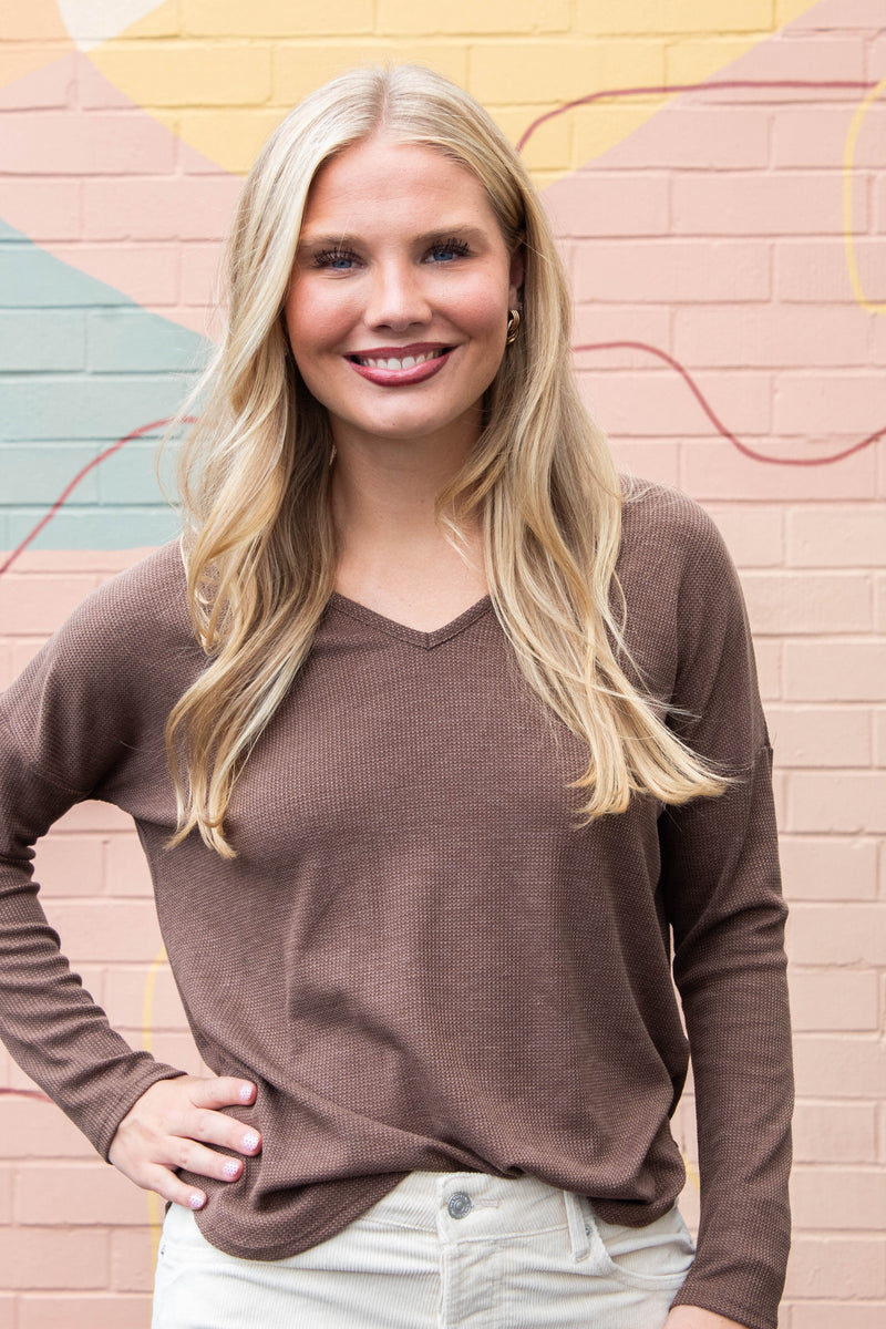 Gabrielle Round Hem Thermal Top, Dark Mocha