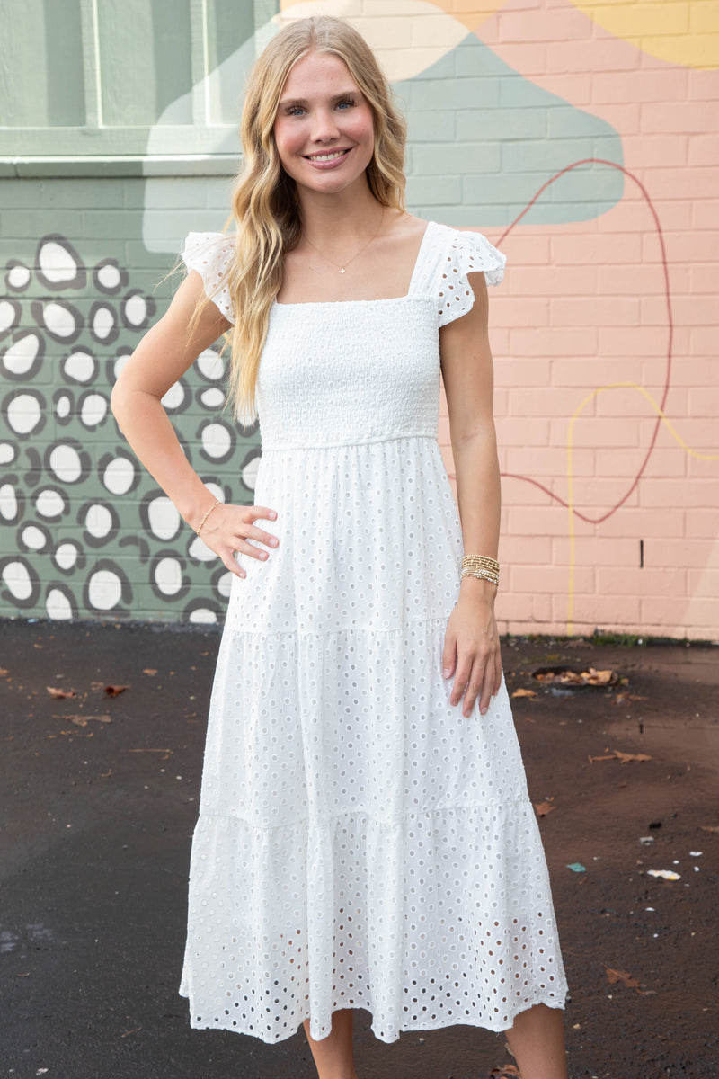 Emmy Eyelet Tiered Midi Dress, White
