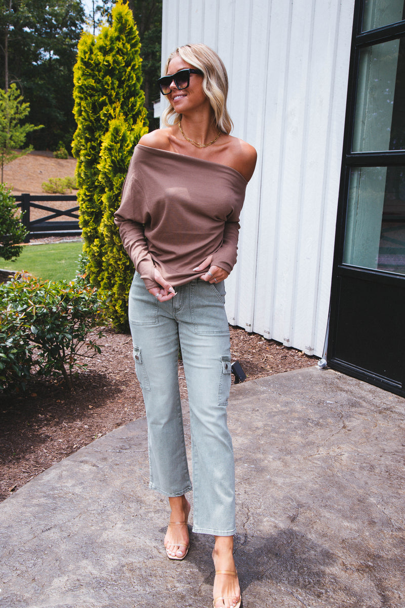 Off the Shoulder Asymmetrical Knit Top, Mocha