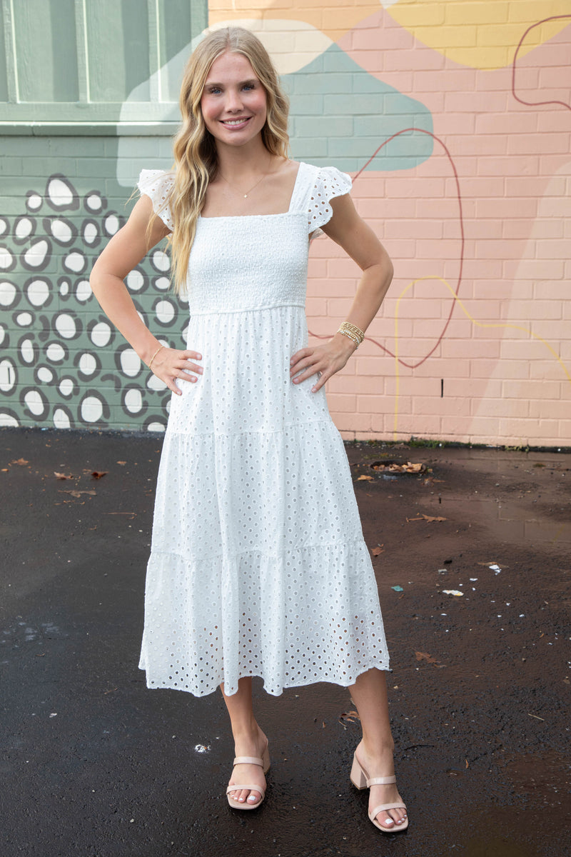 Emmy Eyelet Tiered Midi Dress, White
