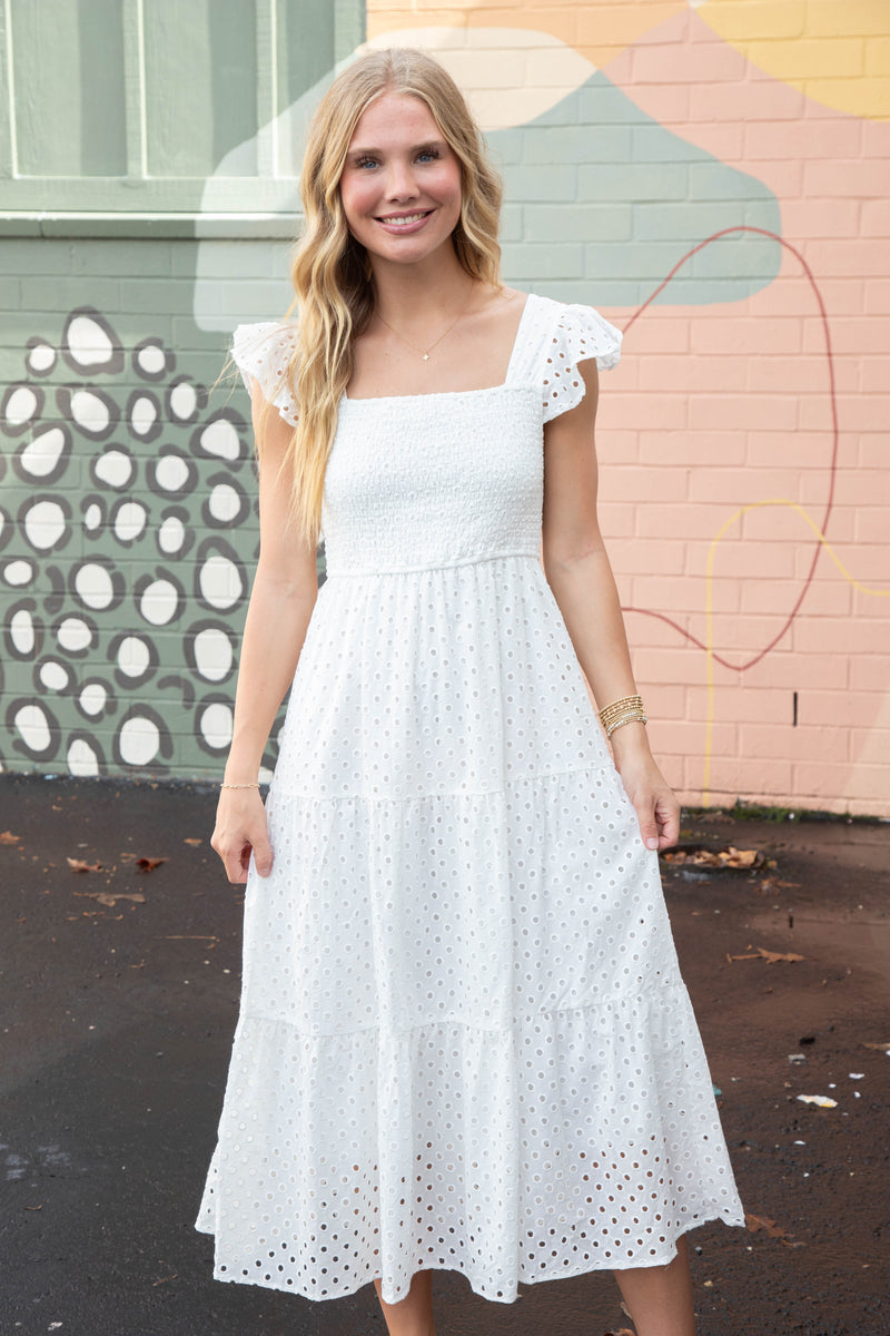 Emmy Eyelet Tiered Midi Dress, White