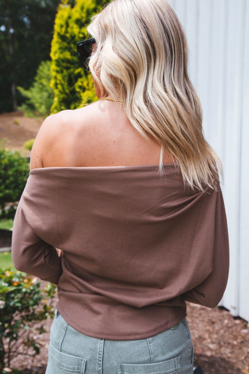 Off the Shoulder Asymmetrical Knit Top, Mocha