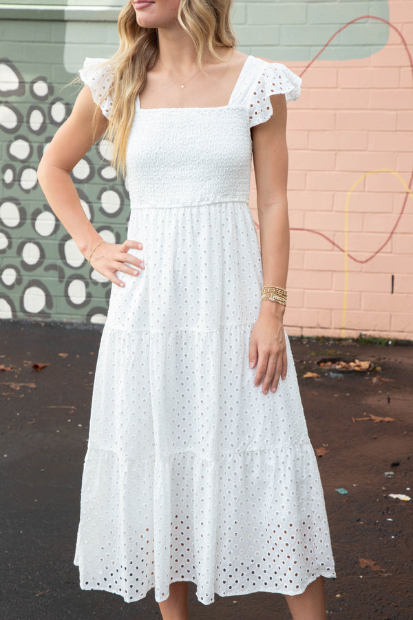 Emmy Eyelet Tiered Midi Dress, White