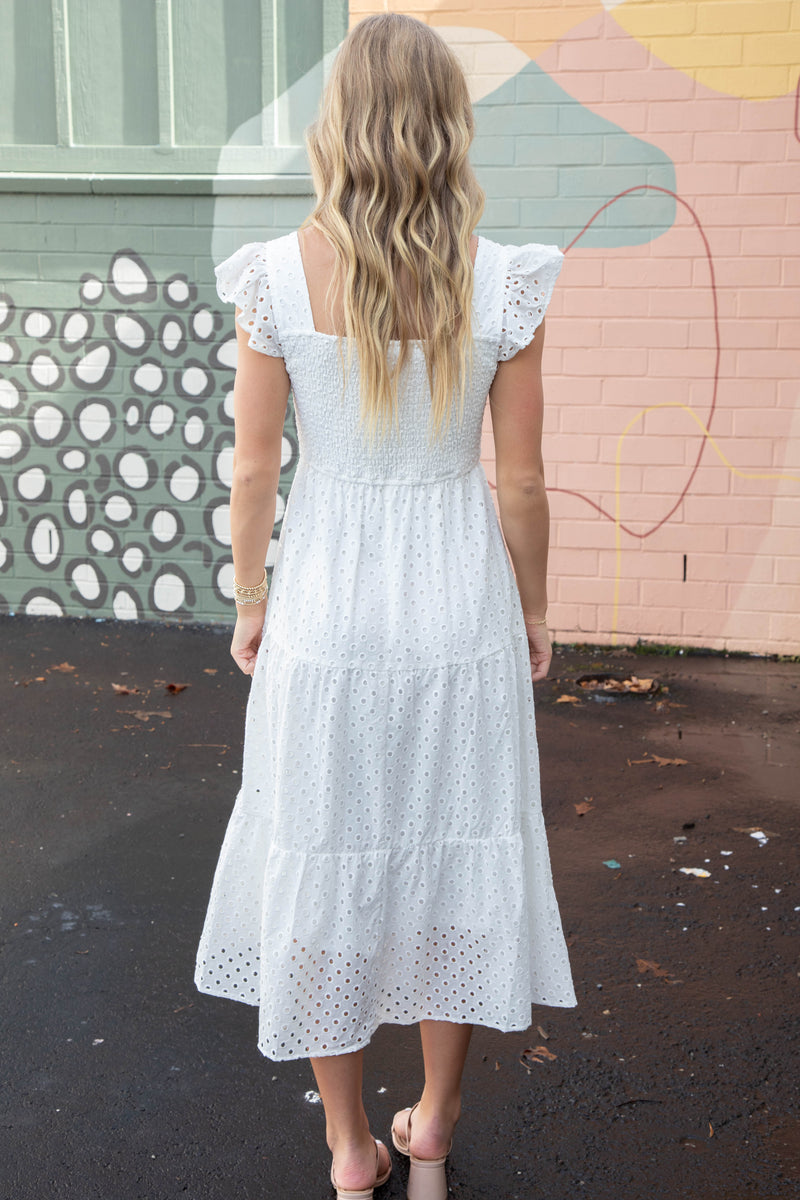 Emmy Eyelet Tiered Midi Dress, White