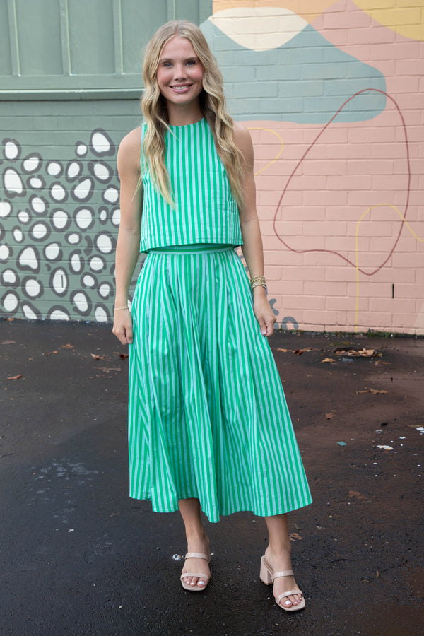 Jesse Striped Pleated Skirt, Green