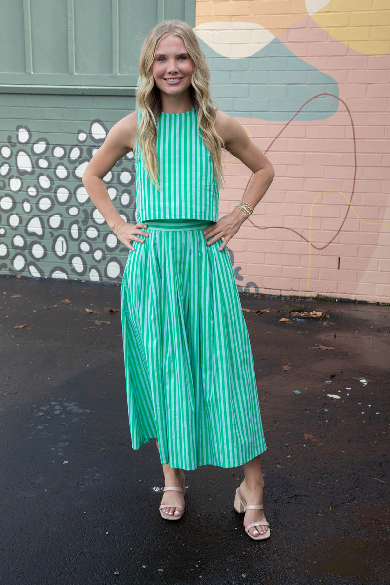 Jesse Striped Pleated Skirt, Green