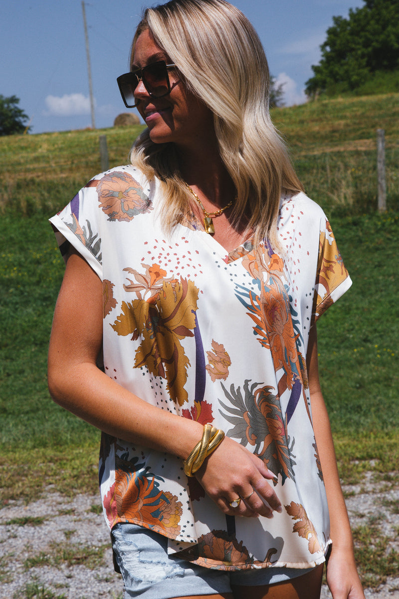 Serena Satin Floral Blouse, Cream