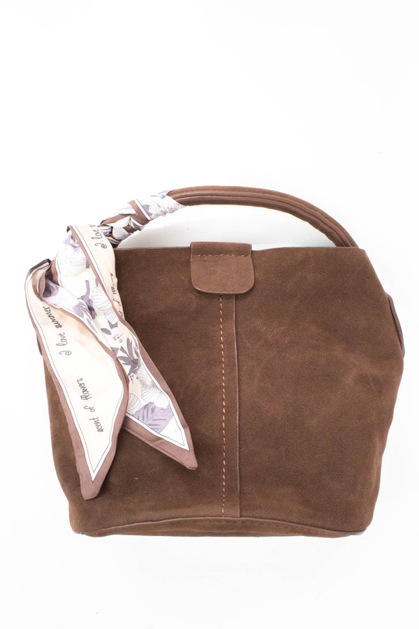 Margaret Small Suede Bucket Bag, Chocolate