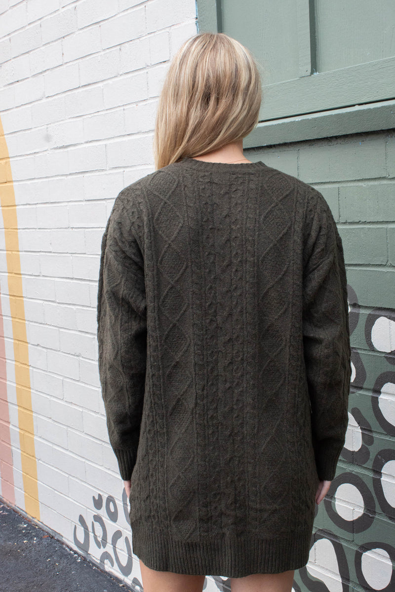 Kehlani Cable Knit Sweater Dress, Olive