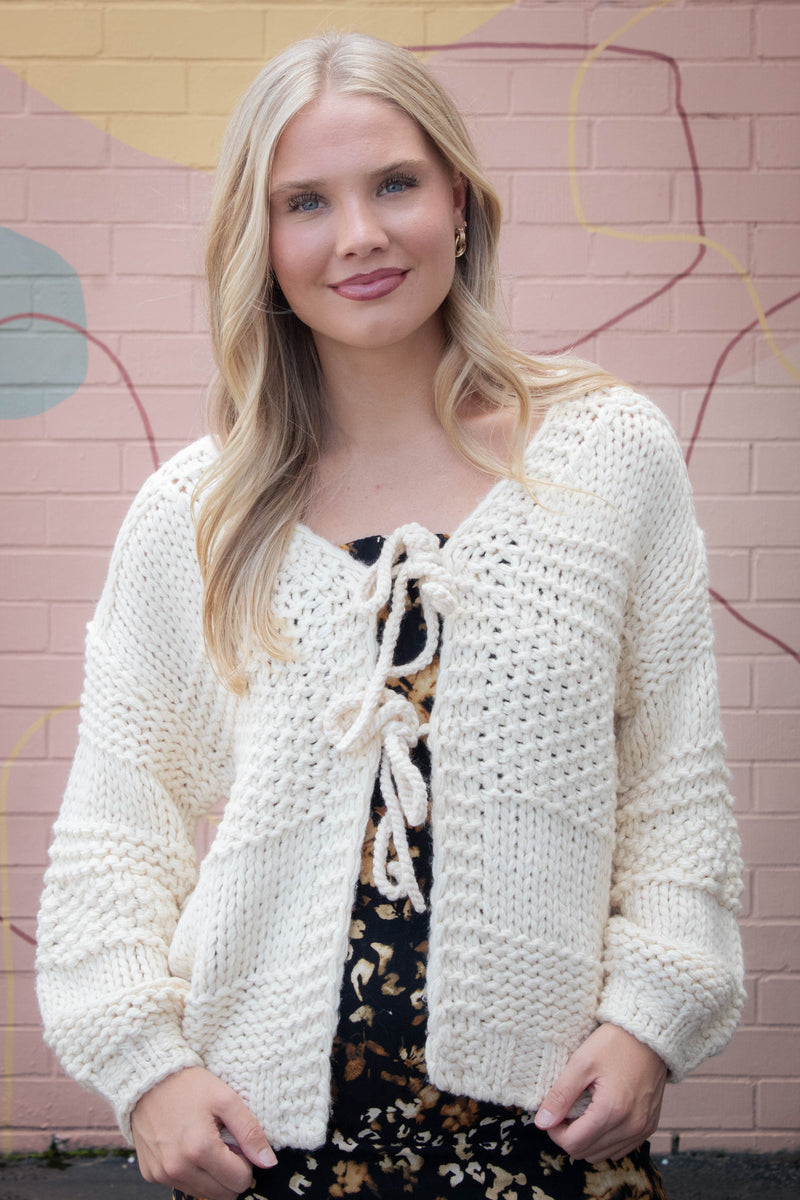 Iggy Chunky Tie Front Cardigan, Ivory | Sadie & Sage