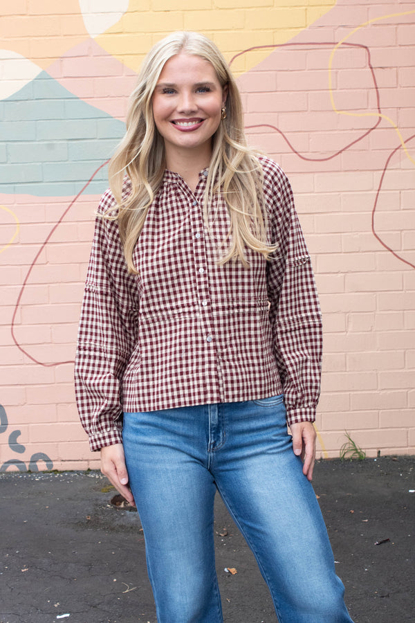 Emilia Checkered Shirt, Burgundy Taupe