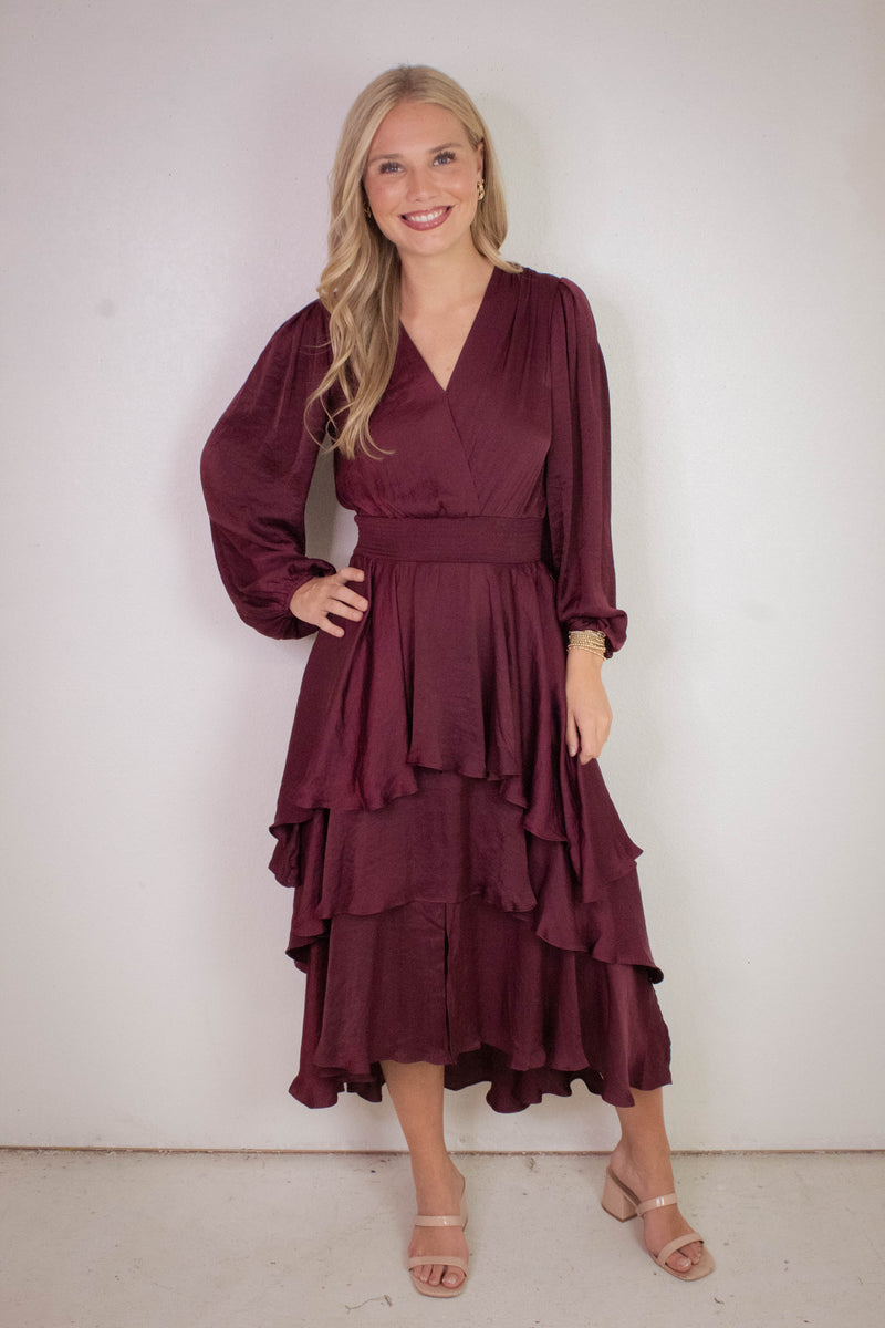 Bei Surplice V-Neck Midi Dress, Wine | Steve Madden
