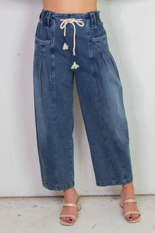 Raya Drawstring Barrel Leg Pants, Washed Denim