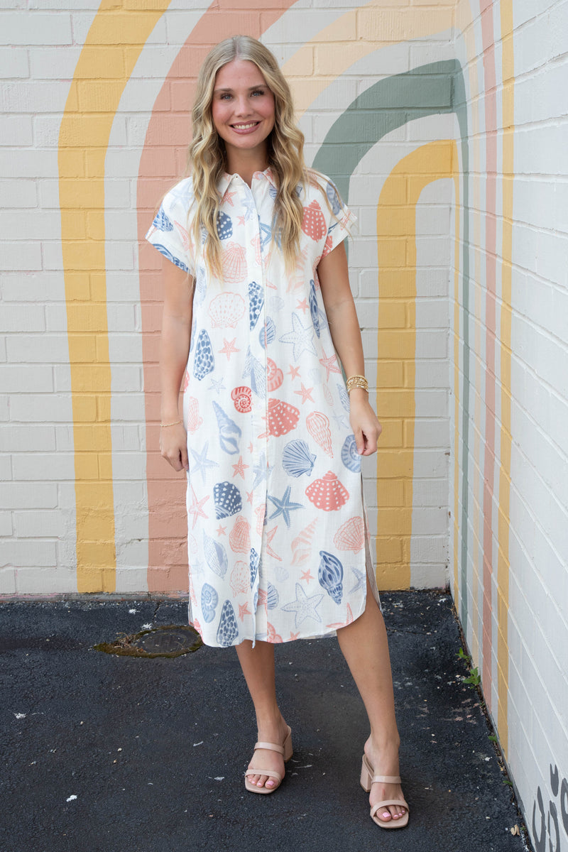 Seashells Duster Shirt Dress, White Multi | Sadie & Sage