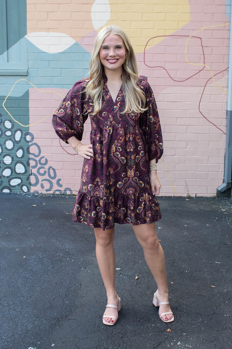 Kylie Printed Ruffle Detailed Dress, Wine Mix