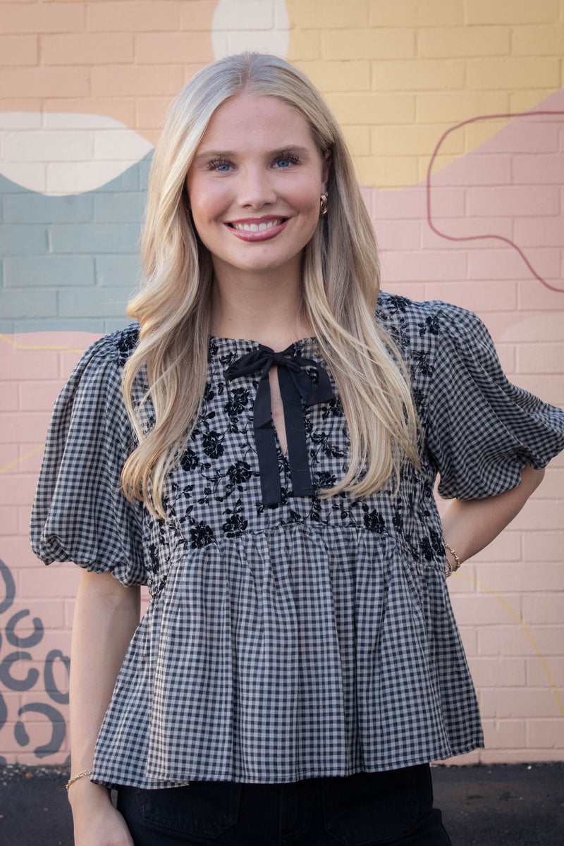 Riley Gingham Bow Tie Babydoll Top, Black