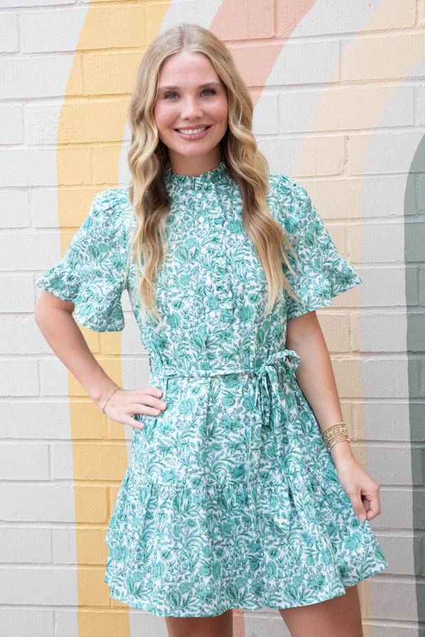 Megan Printed Waist Tie Mini Dress, Green