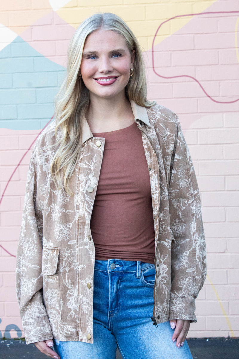 Angelica Corduroy Collared Floral Jacket, Light Brown