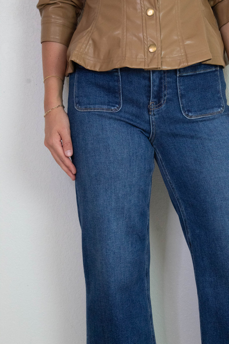 Kaia Crop Wide Leg Patch Pocket Jeans, Dark