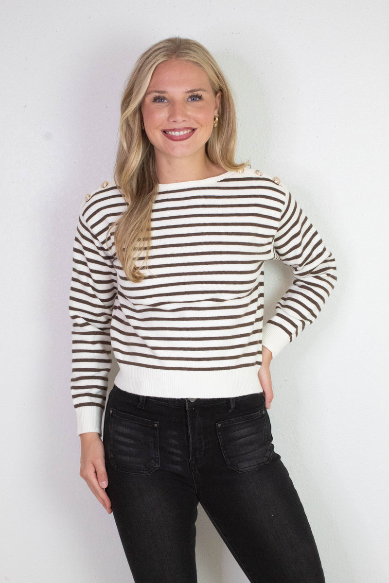 Eloise Buttoned Shoulder Sweater, Cream/Brown