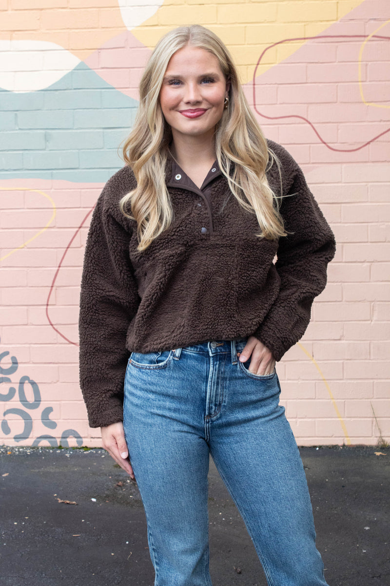 Aria Sherpa Button Neck Jacket, Brown