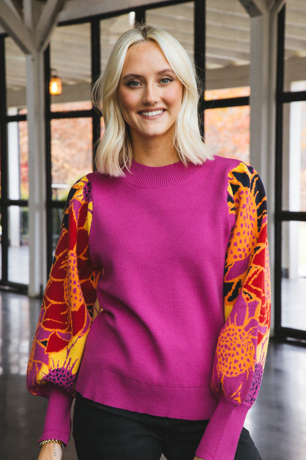 Josephine Printed Puff Sleeve Sweater, Bubble Gum