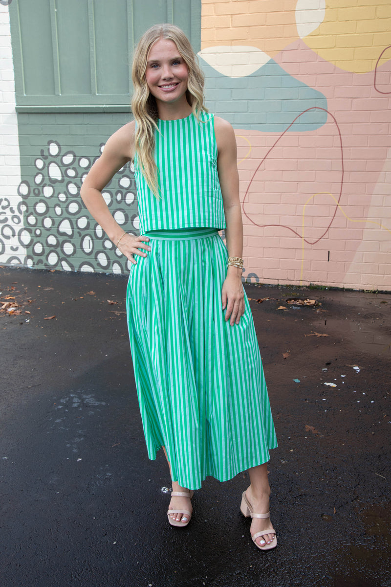 Jesse Striped Pleated Skirt, Green