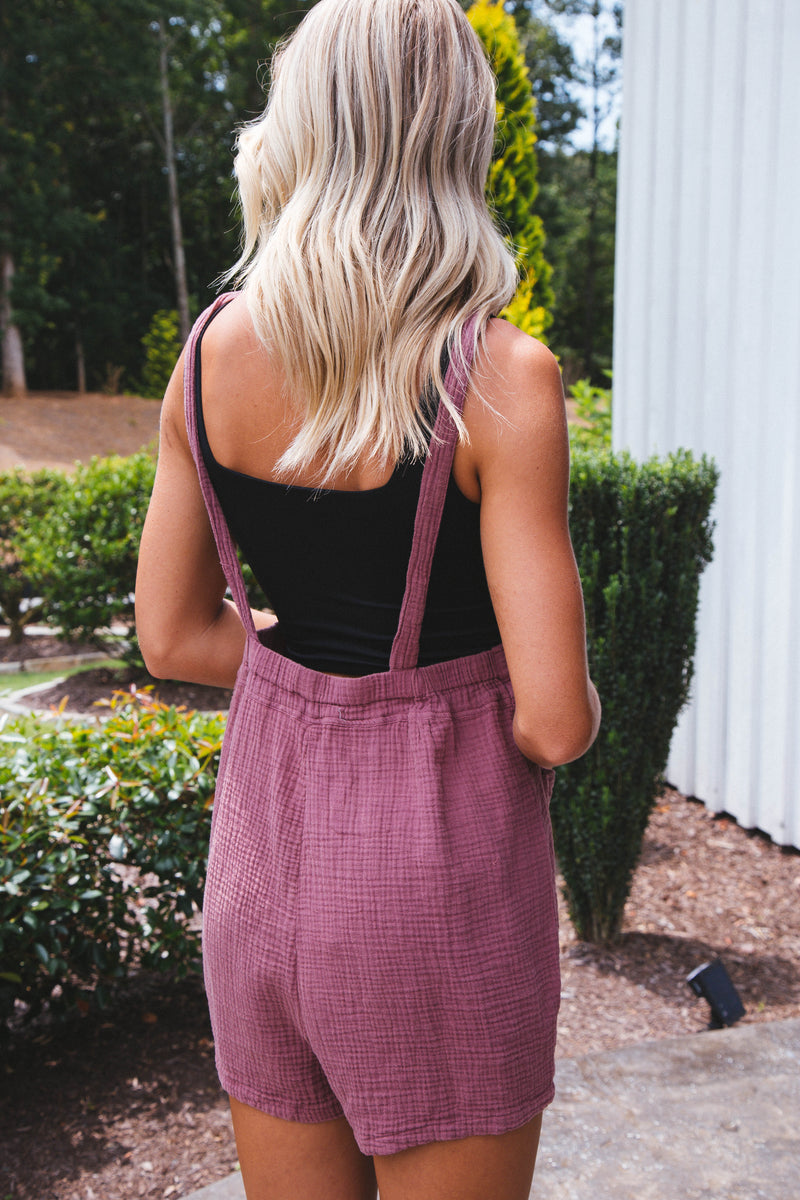 Crinkle Gauzed Overall Romper, Brick