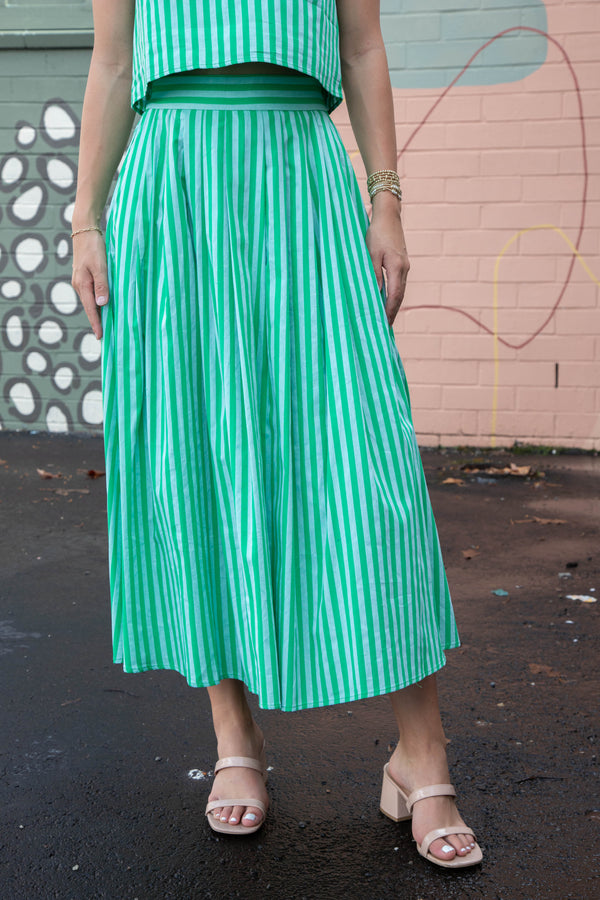 Jesse Striped Pleated Skirt, Green