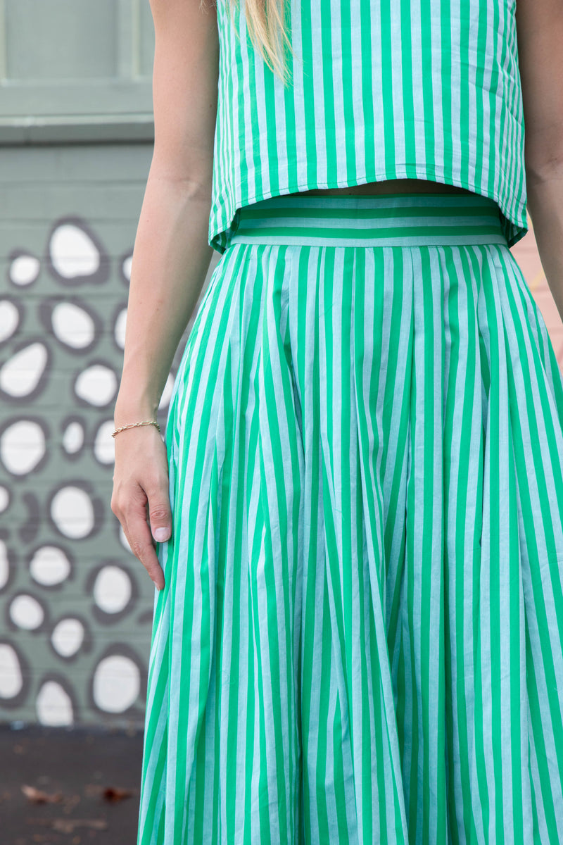 Jesse Striped Pleated Skirt, Green