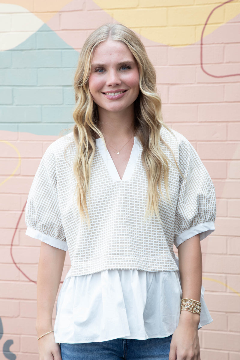Kelsey Mix Media Check Textured Top, Oatmeal
