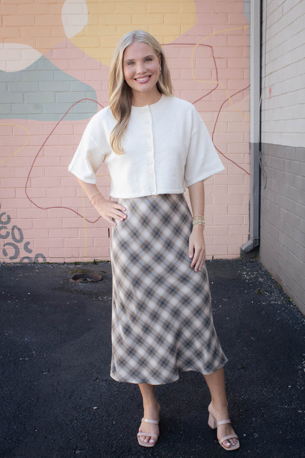 Evangeline Tartan Plaid Flowy Midi Skirt, Charcoal