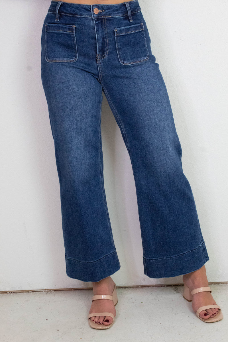 Kaia Crop Wide Leg Patch Pocket Jeans, Dark