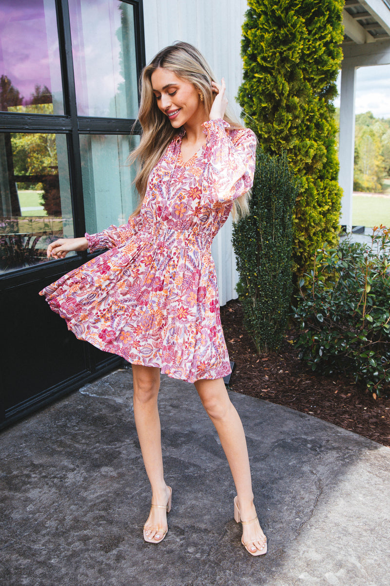 Robin Floral Long Sleeve Ruffle Tie Neck Dress, Blush Multi