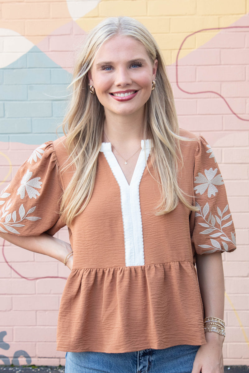 Bella Embroidered Peplum Blouse, Mocha