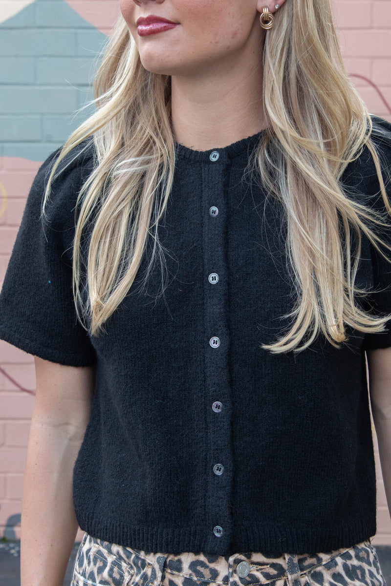 Natalia Puff Short Sleeve Cardigan, Black