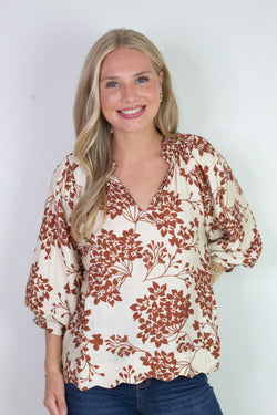 Zorina Cherry Blossom Print Blouse, Caramel