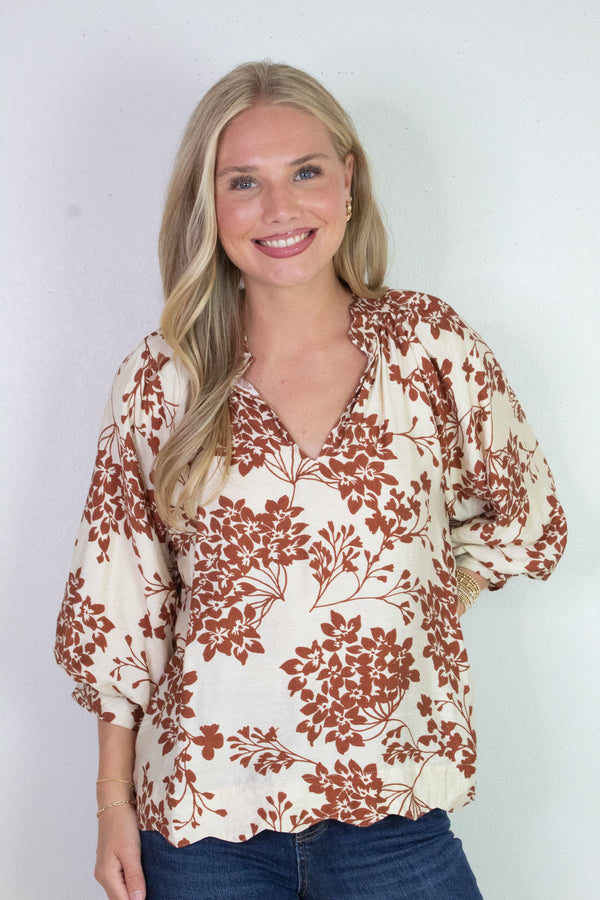 Zorina Cherry Blossom Print Blouse, Caramel